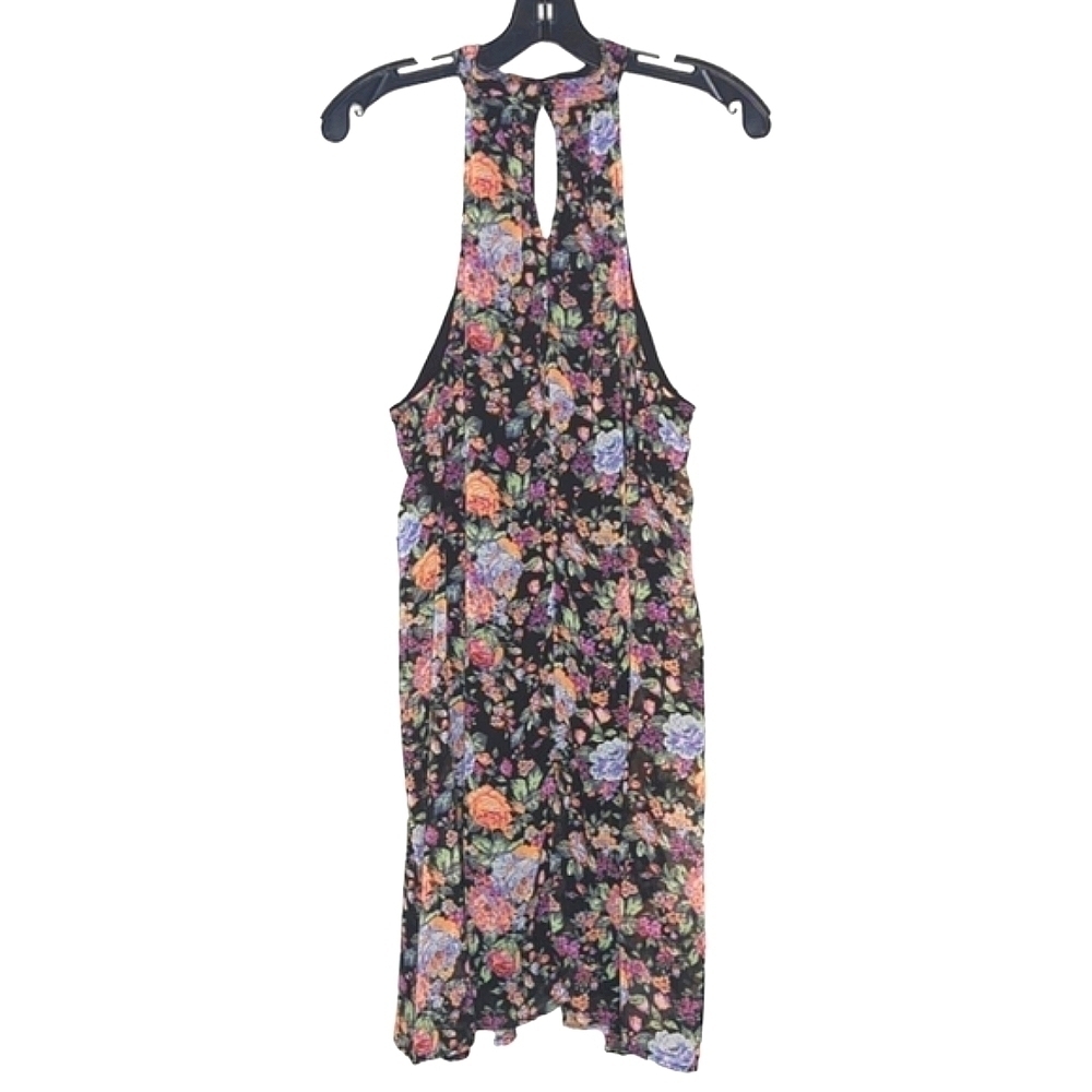 My Story Sleeveless Lined Dark Floral Halter Mini Dress Keyhole Front Back L - Picture 12 of 13